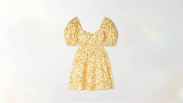 PEONY+ NET SUSTAIN smocked floral-print linen mini dress